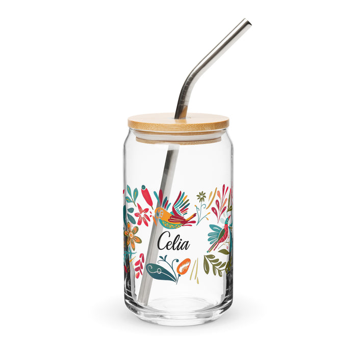 Celia Exclusive Name Art Piece Can-Shaped Glass Home Office Work Mexican Spanish Pride Gift Cup One-Of-A-Kind Calligraphy Glass | C22