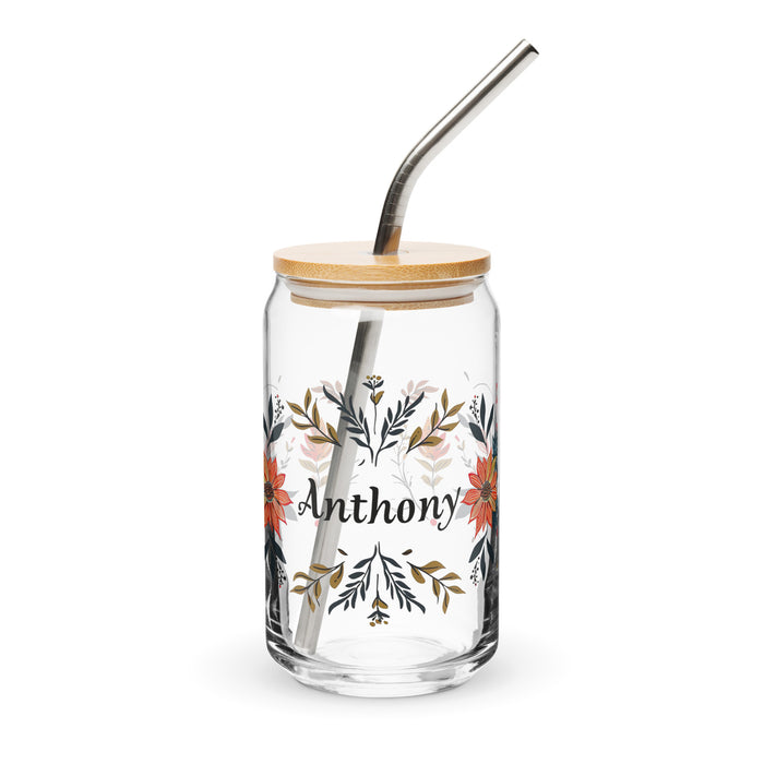 Pieza de arte con nombre exclusivo de Anthony, vaso de vidrio con forma de lata, para el hogar, la oficina, el trabajo, el orgullo mexicano y español, vaso de vidrio con caligrafía único en su tipo | A2