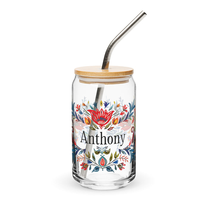 Pièce d'art exclusive avec nom d'Anthony en verre en forme de canette pour la maison, le bureau, le travail, la fierté mexicaine et espagnole, tasse cadeau, verre de calligraphie unique en son genre | A3