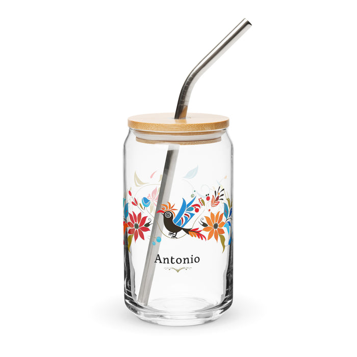 Pièce d'art exclusive avec nom d'Antonio en verre en forme de canette pour la maison, le bureau, le travail, la fierté mexicaine et espagnole, tasse cadeau, verre de calligraphie unique en son genre | A2