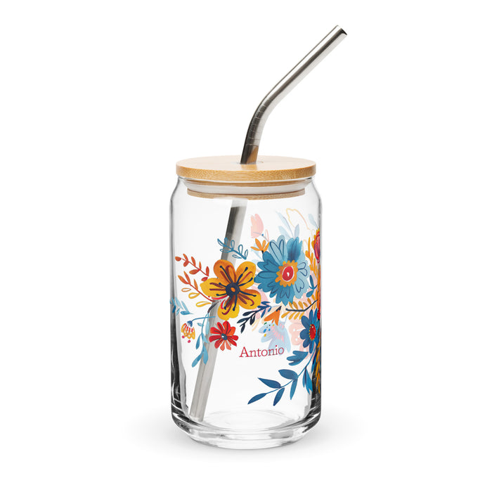 Pièce d'art exclusive avec nom d'Antonio en verre en forme de canette pour la maison, le bureau, le travail, la fierté mexicaine et espagnole, tasse cadeau, verre de calligraphie unique en son genre | A10