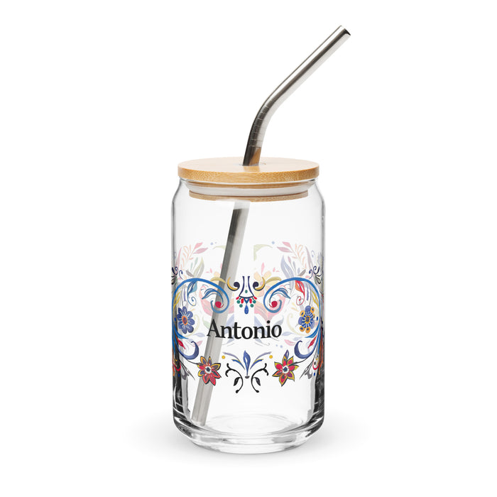 Pieza de arte con nombre exclusivo de Antonio, vaso de vidrio con forma de lata, regalo para el hogar, la oficina, el trabajo, el orgullo mexicano y español, vaso de vidrio con caligrafía única en su tipo | A13