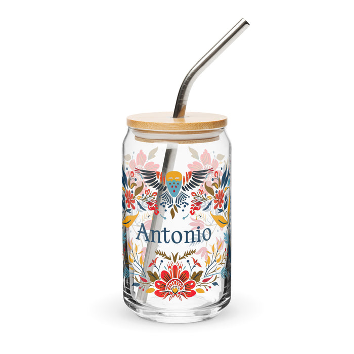 Pieza de arte con nombre exclusivo de Antonio, vaso de vidrio con forma de lata, regalo para el hogar, la oficina, el trabajo, el orgullo mexicano y español, vaso de vidrio con caligrafía única en su tipo | A15