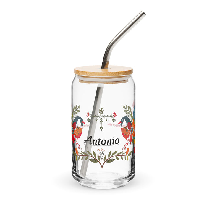 Pieza de arte con nombre exclusivo de Antonio, vaso de vidrio con forma de lata, regalo para el hogar, la oficina, el trabajo, el orgullo mexicano y español, vaso de vidrio con caligrafía única en su tipo | A19