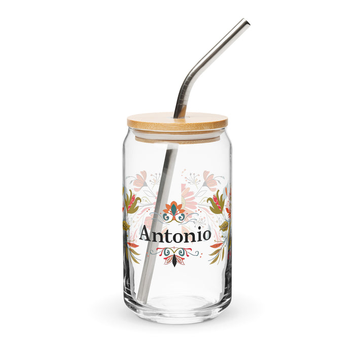 Pièce d'art exclusive avec nom d'Antonio en verre en forme de canette pour la maison, le bureau, le travail, la fierté mexicaine et espagnole, tasse cadeau, verre de calligraphie unique en son genre | A24