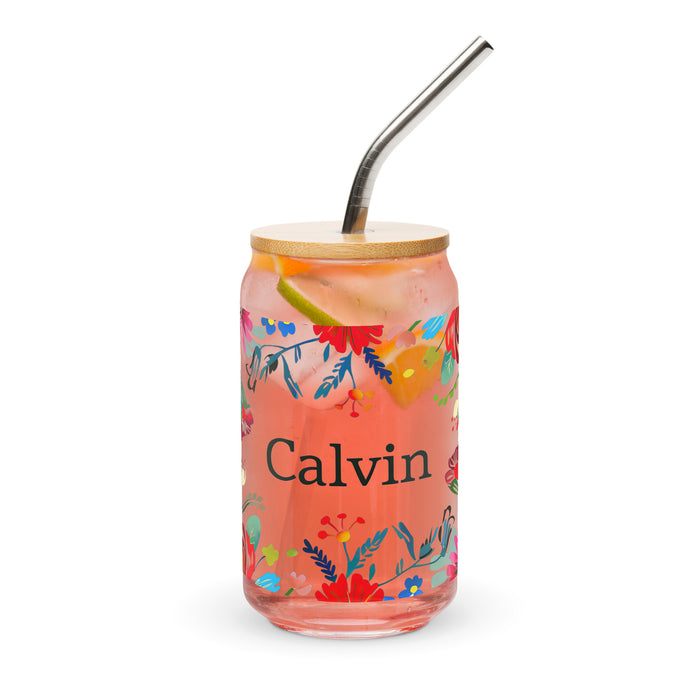 Calvin Exclusive Name Art Piece Can-Shaped Glass Home Office Work Mexican Spanish Pride Gift Cup One-Of-A-Kind Calligraphy Glass | C17