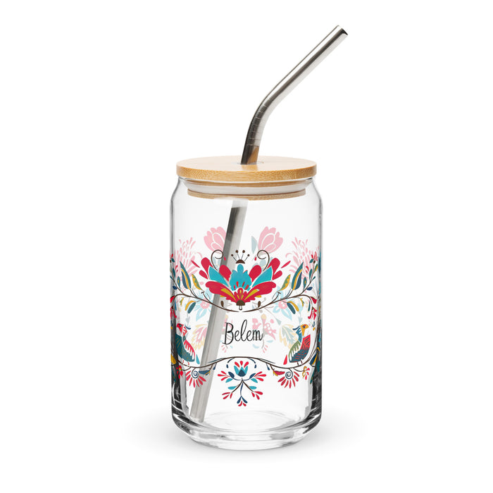 Pièce d'art exclusive de nom de Belem Verre en forme de canette Travail à domicile Tasse de cadeau de fierté espagnole mexicaine Verre de calligraphie unique en son genre | B4