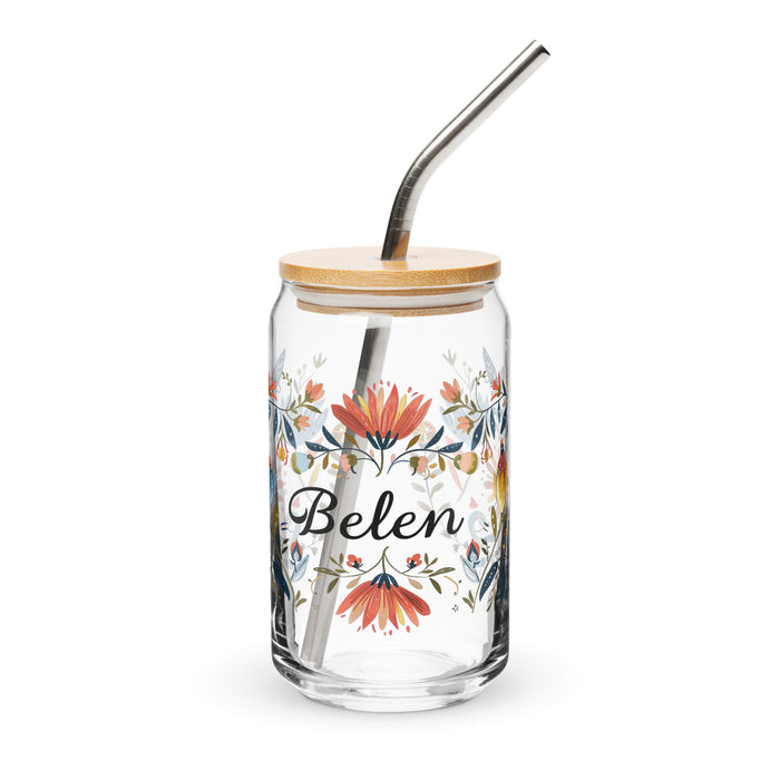 Pièce d'art exclusive avec nom de Belén en verre en forme de canette pour la maison, le bureau, le travail, la fierté mexicaine et espagnole, tasse cadeau, verre de calligraphie unique en son genre | B2