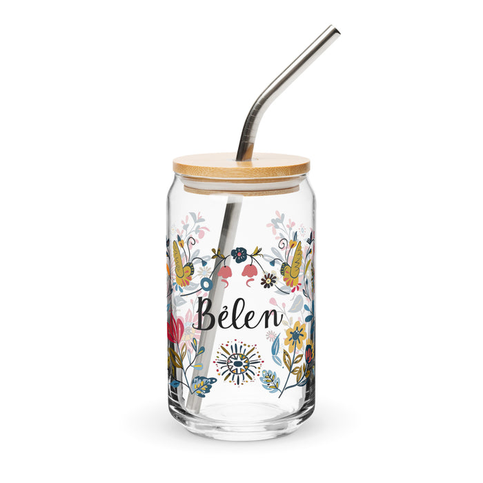 Belén - Pieza de arte exclusiva con nombre en forma de lata de vidrio para el hogar, la oficina, el trabajo, el orgullo mexicano, regalo, taza de vidrio con caligrafía única en su tipo | B12