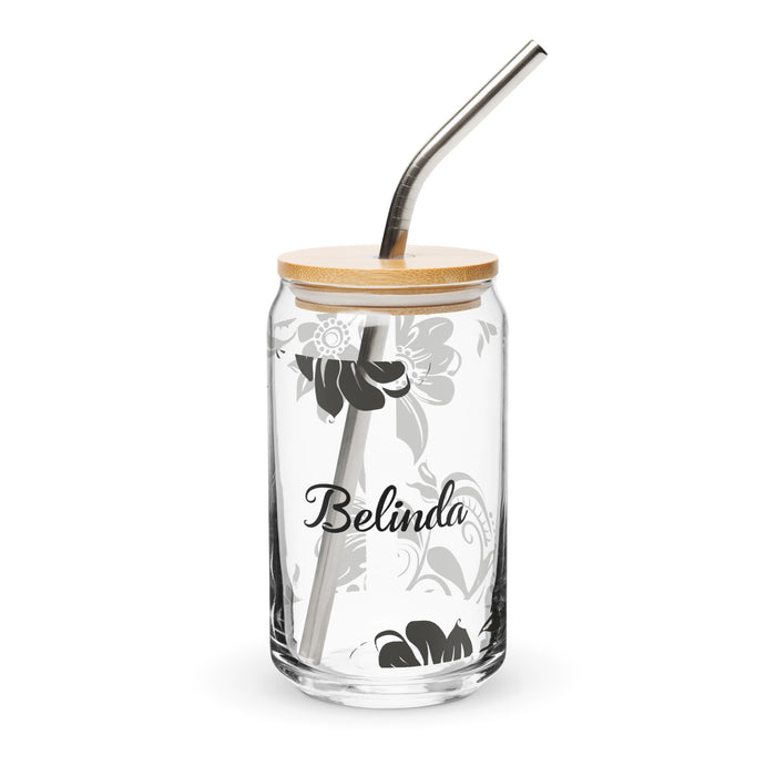 Pieza de arte con nombre exclusivo de Belinda, taza de vidrio con forma de lata, regalo para el hogar, la oficina, el trabajo, orgullo mexicano, vaso de vidrio con caligrafía única | B7