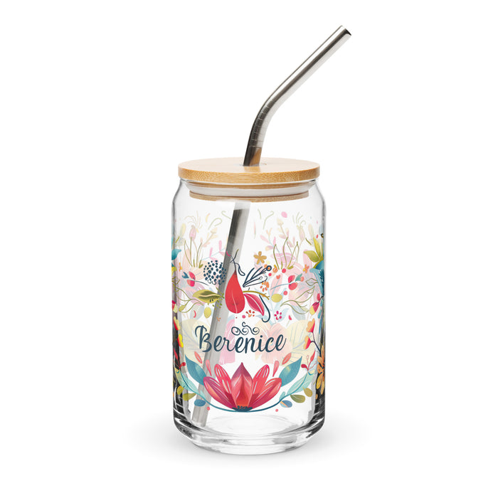 Pièce d'art exclusive avec nom de Berenice en verre en forme de canette pour la maison, le bureau, le travail, la fierté mexicaine et espagnole, tasse cadeau, verre de calligraphie unique en son genre | B18