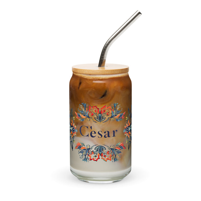 César Exclusive Name Art Piece Can-Shaped Glass Home Office Work Mexican Spanish Pride Gift Cup One-Of-A-Kind Calligraphy Glass | C7