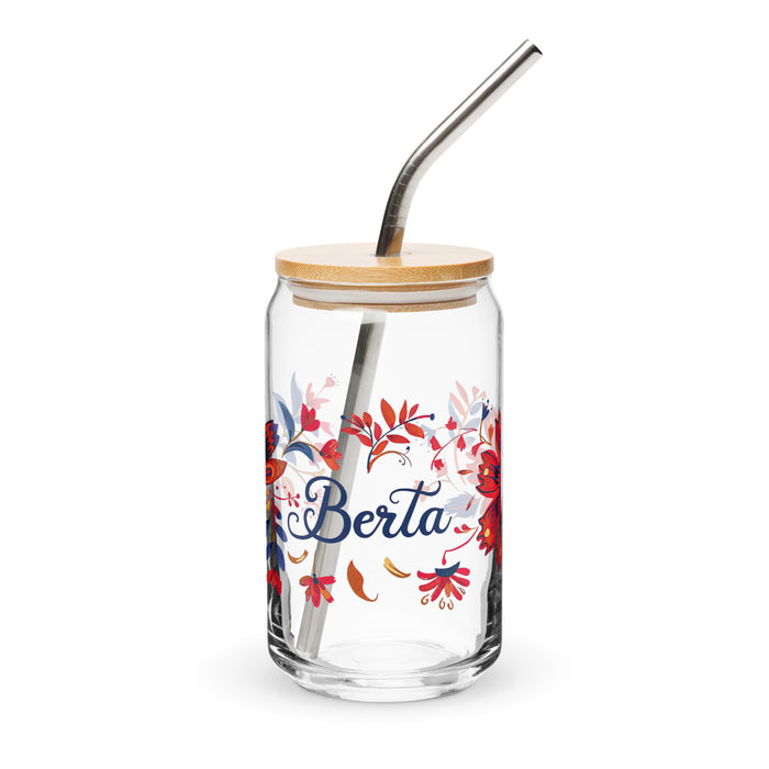 Pieza de arte con nombre exclusivo de Berta, vaso de vidrio con forma de lata, regalo para el hogar, la oficina, el trabajo, el orgullo mexicano, vaso de vidrio con caligrafía única en su tipo | B9