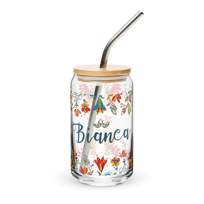 Bianca Exklusives Namenskunstwerk, Dosenförmiges Glas, für Zuhause, Büro, Arbeit, mexikanischer und spanischer Stolz, Geschenktasse, einzigartiges Kalligraphieglas | B6