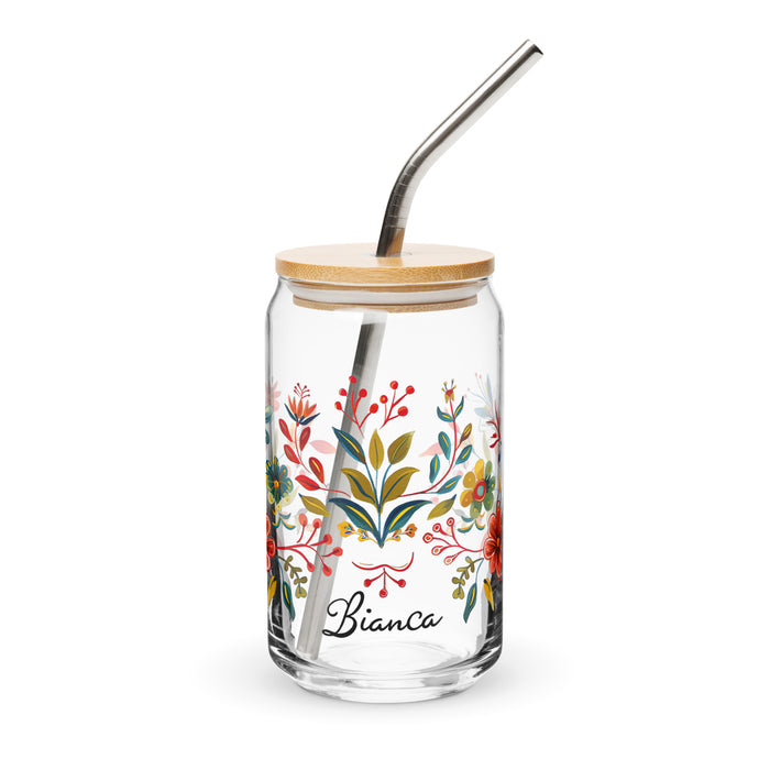 Pièce d'art exclusive avec nom de Bianca en verre en forme de canette pour la maison, le bureau, le travail, la fierté mexicaine et espagnole, tasse cadeau, verre de calligraphie unique en son genre | B9