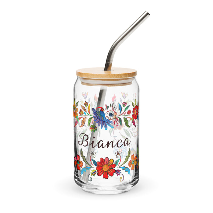 Bianca Exklusives Namenskunstwerk, Dosenförmiges Glas, für Zuhause, Büro, Arbeit, mexikanischer und spanischer Stolz, Geschenktasse, einzigartiges Kalligraphieglas | B14