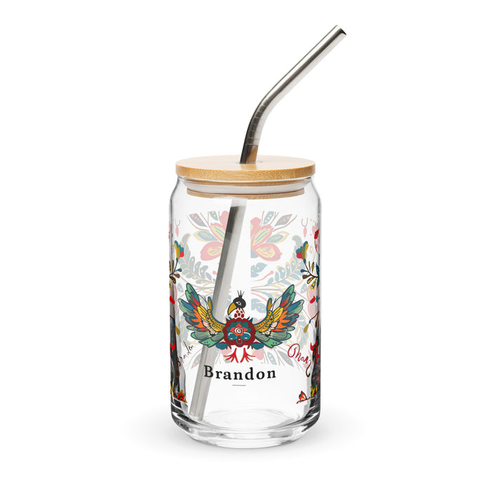 Pieza de arte exclusiva con nombre de Brandon, vaso de vidrio con forma de lata, para el hogar, la oficina, el trabajo, el orgullo mexicano, vaso de regalo, vaso de caligrafía único en su tipo | B10