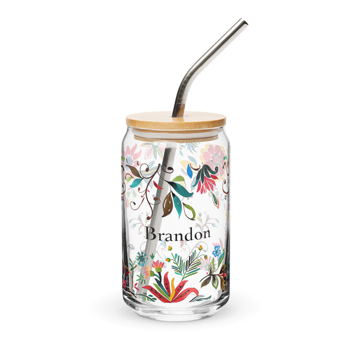 Pieza de arte exclusiva con nombre de Brandon, vaso de vidrio con forma de lata, regalo para el hogar, la oficina, el trabajo, el orgullo mexicano y español, vaso de vidrio con caligrafía único en su tipo | B12