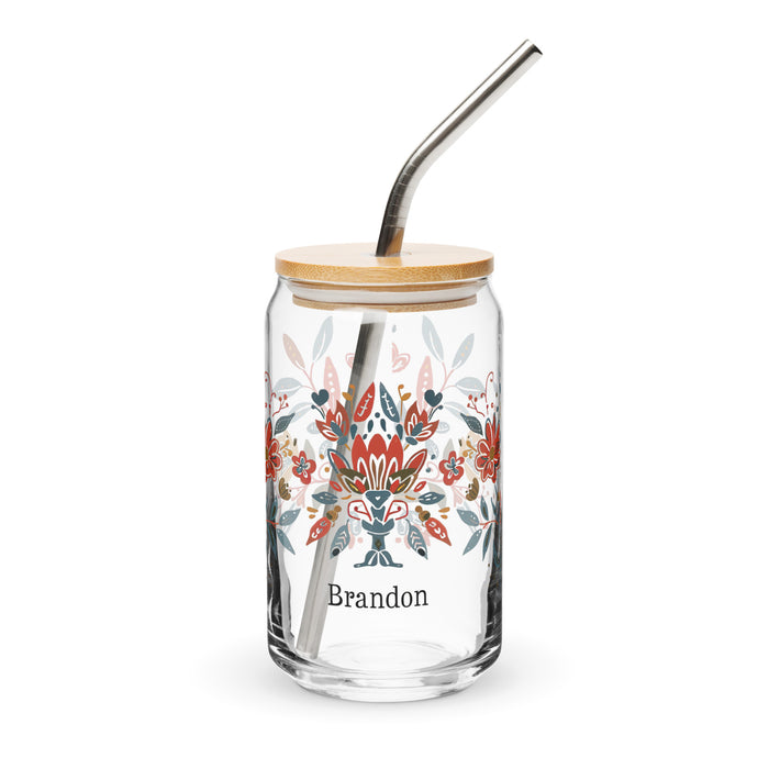 Pieza de arte exclusiva con nombre de Brandon, vaso de vidrio con forma de lata, regalo para el hogar, la oficina, el trabajo, el orgullo mexicano y español, vaso de vidrio con caligrafía único en su tipo | B13