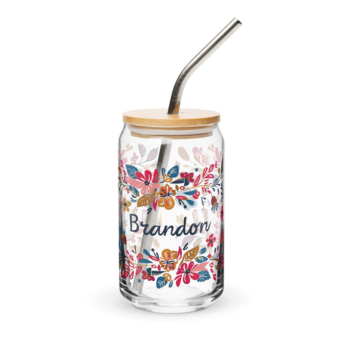 Pieza de arte exclusiva con nombre de Brandon, vaso de vidrio con forma de lata, regalo para el hogar, la oficina, el trabajo, el orgullo mexicano y español, vaso de vidrio con caligrafía único en su tipo | B16