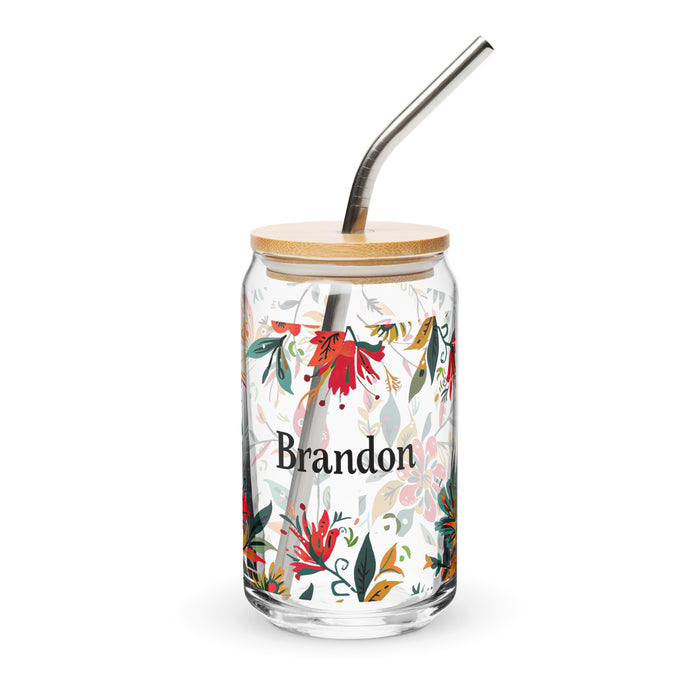 Pieza de arte exclusiva con nombre de Brandon, vaso de vidrio con forma de lata, regalo para el hogar, la oficina, el trabajo, el orgullo mexicano y español, vaso de vidrio con caligrafía único en su tipo | B17