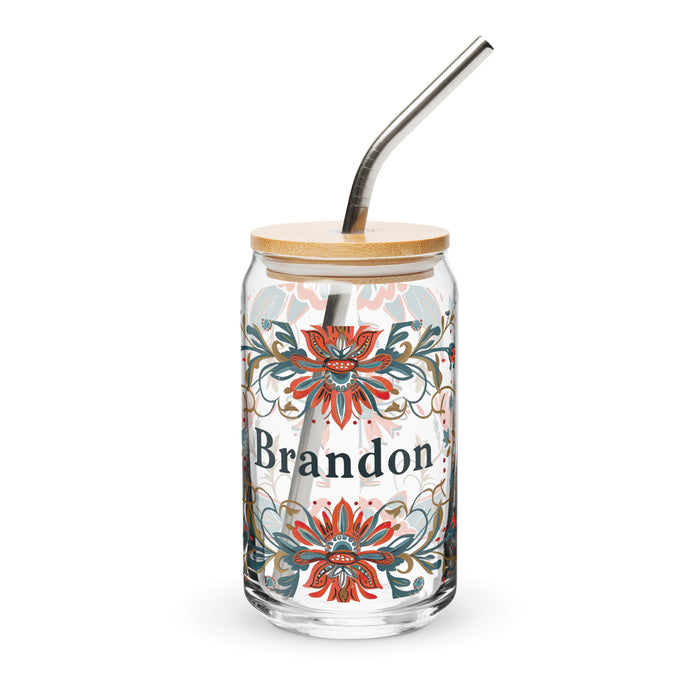 Pieza de arte exclusiva con nombre de Brandon, vaso de vidrio con forma de lata, regalo para el hogar, la oficina, el trabajo, el orgullo mexicano y español, vaso de vidrio con caligrafía único en su tipo | B22