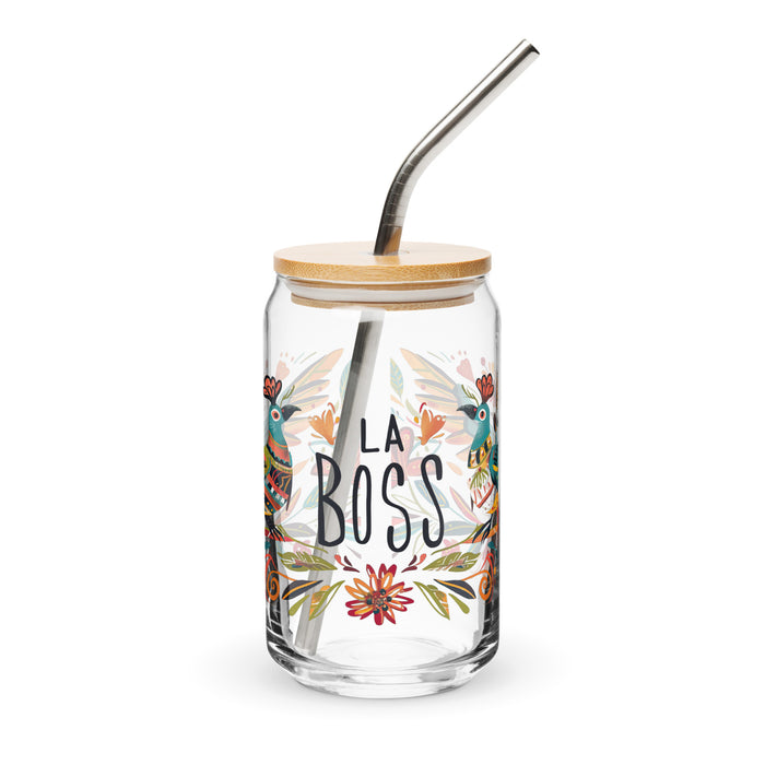 Pieza de arte exclusiva de La Boss, vaso de vidrio con forma de lata para el hogar, la oficina, el trabajo, el orgullo mexicano y español, vaso de vidrio con caligrafía única en su tipo | L15