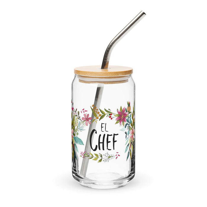 El Chef Exclusive Art Piece Can-Shaped Glass Home Office Work Mexican Spanish Pride Gift Cup One-Of-A-Kind Calligraphy Glass | E9