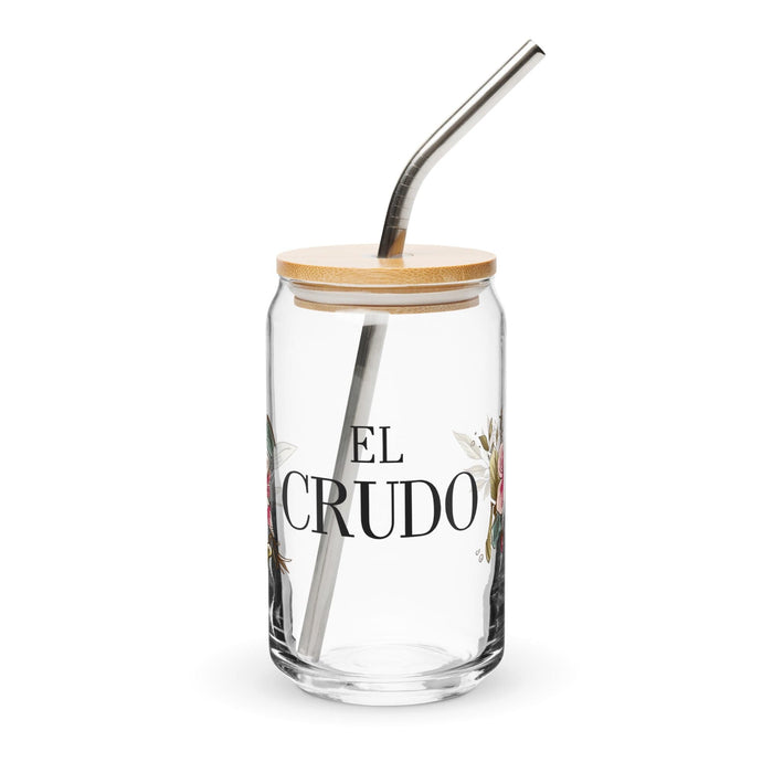 Pieza de arte exclusiva de El Crudo, vaso de vidrio con forma de lata para el hogar, la oficina, el trabajo, el orgullo mexicano y español, vaso de vidrio con caligrafía única en su tipo | E11