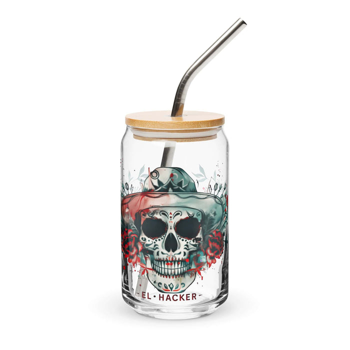 Pieza de arte exclusiva de El Hacker, vaso de vidrio con forma de lata para el hogar, la oficina, el trabajo, el orgullo mexicano, el regalo, vaso de vidrio con caligrafía única en su tipo | E7