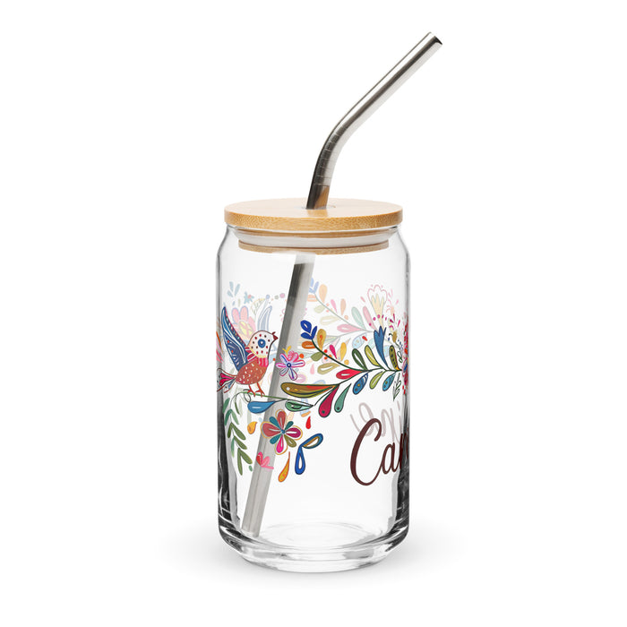 Caroline Exclusive Name Art Piece Can-Shaped Glass Home Office Work Mexican Spanish Pride Gift Cup One-Of-A-Kind Calligraphy Glass | C12