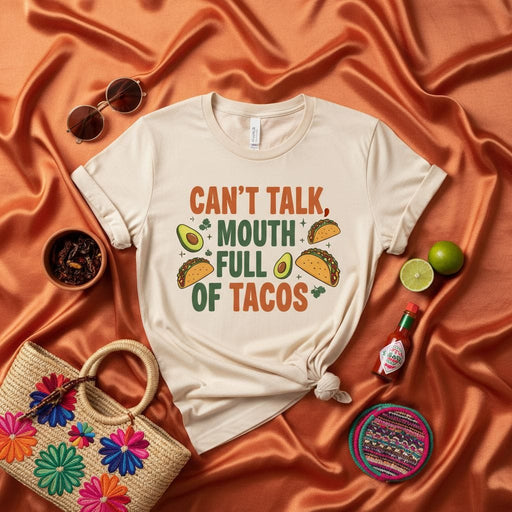 Can't Talk Mouth Full of Tacos Shirt, Funny Cinco de Mayo T-Shirt, Avocado Taco Lover Foodie Tee, Mexican Fiesta Party Apparel, Unisex Graphic Shirt, Taco Tuesday Gift Idea Mexicada