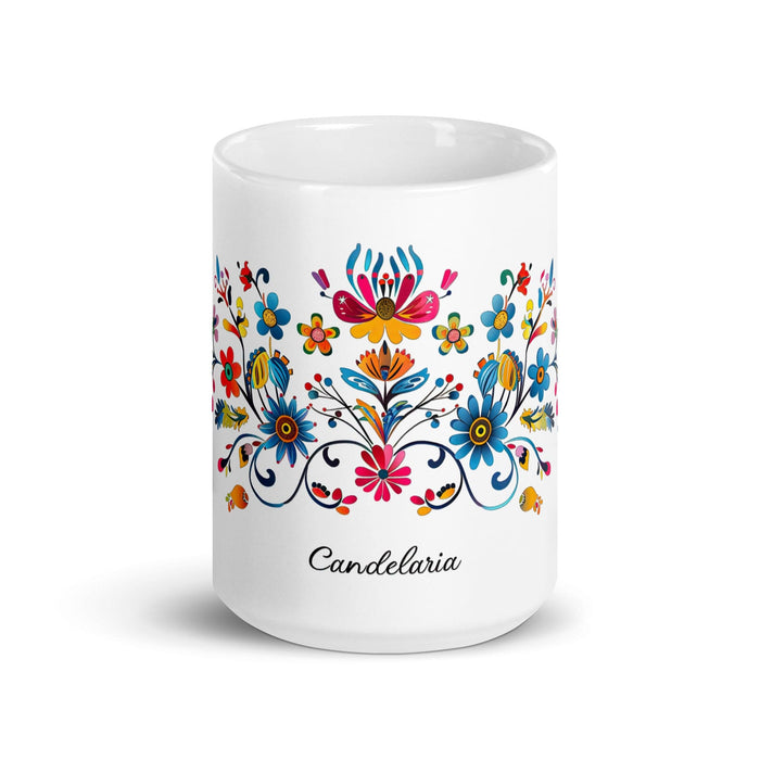 Candelaria Exclusive Name Art Piece Home Office Work Coffee Mug Mexican Spanish Pride Gift Cup One-Of-A-Kind Calligraphy White Glossy Mug | C16 Mexicada