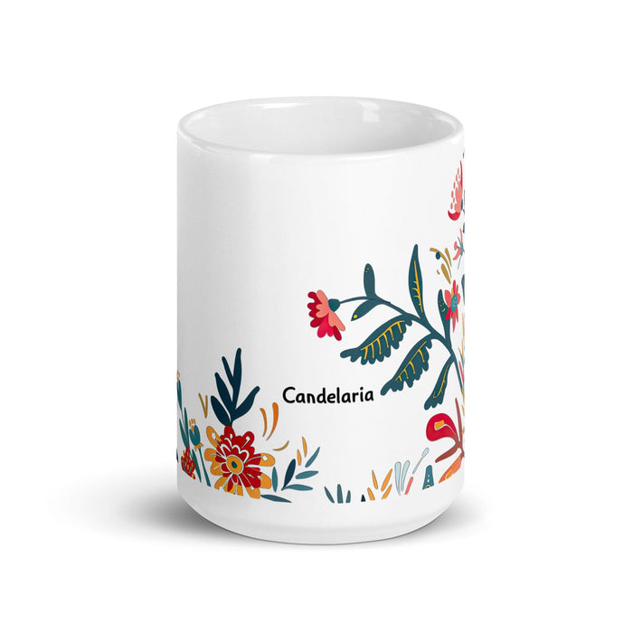 Candelaria Exclusive Name Art Piece Home Office Work Coffee Mug Mexican Spanish Pride Gift Cup One-Of-A-Kind Calligraphy White Glossy Mug | C17 Mexicada