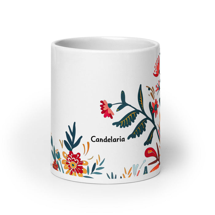 Candelaria Exclusive Name Art Piece Home Office Work Coffee Mug Mexican Spanish Pride Gift Cup One-Of-A-Kind Calligraphy White Glossy Mug | C17 Mexicada