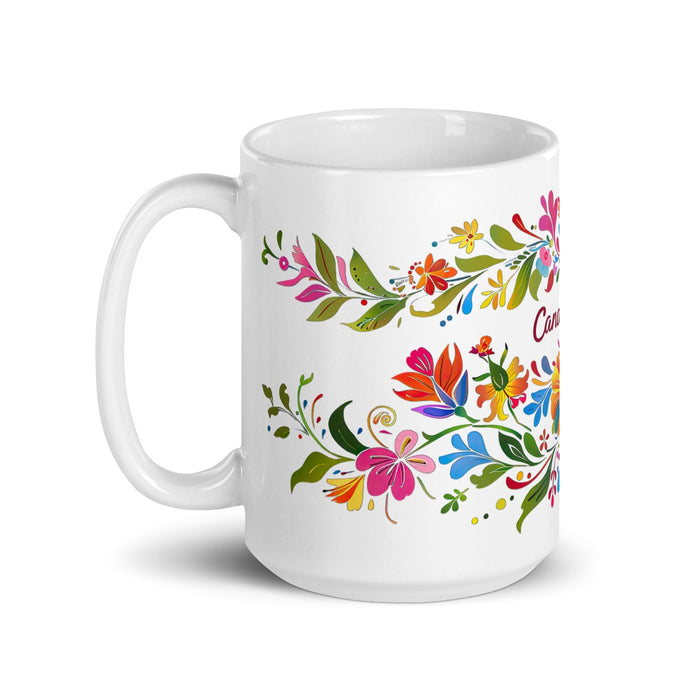 Candelaria Exclusive Name Art Piece Home Office Work Coffee Mug Mexican Spanish Pride Gift Cup One-Of-A-Kind Calligraphy White Glossy Mug | C2 Mexicada