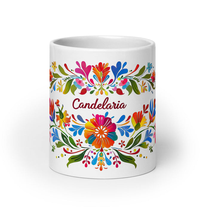 Candelaria Exclusive Name Art Piece Home Office Work Coffee Mug Mexican Spanish Pride Gift Cup One-Of-A-Kind Calligraphy White Glossy Mug | C2 Mexicada