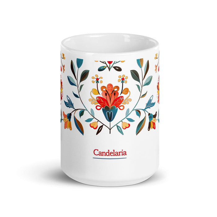 Candelaria Exclusive Name Art Piece Home Office Work Coffee Mug Mexican Spanish Pride Gift Cup One-Of-A-Kind Calligraphy White Glossy Mug | C3 Mexicada