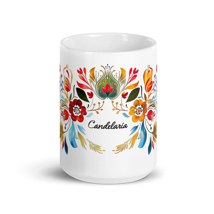 Candelaria Exclusive Name Art Piece Home Office Work Coffee Mug Mexican Spanish Pride Gift Cup One-Of-A-Kind Calligraphy White Glossy Mug | C5 Mexicada