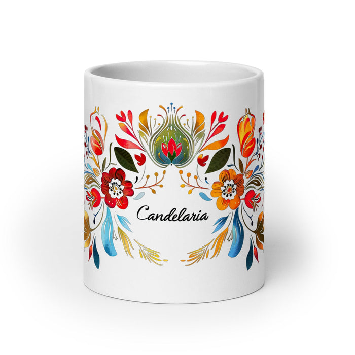 Candelaria Exclusive Name Art Piece Home Office Work Coffee Mug Mexican Spanish Pride Gift Cup One-Of-A-Kind Calligraphy White Glossy Mug | C5 Mexicada