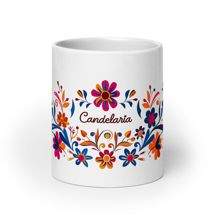 Candelaria Exclusive Name Art Piece Home Office Work Coffee Mug Mexican Spanish Pride Gift Cup One-Of-A-Kind Calligraphy White Glossy Mug | C6 Mexicada