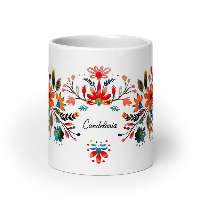 Candelaria Exclusive Name Art Piece Home Office Work Coffee Mug Mexican Spanish Pride Gift Cup One-Of-A-Kind Calligraphy White Glossy Mug | C7 Mexicada