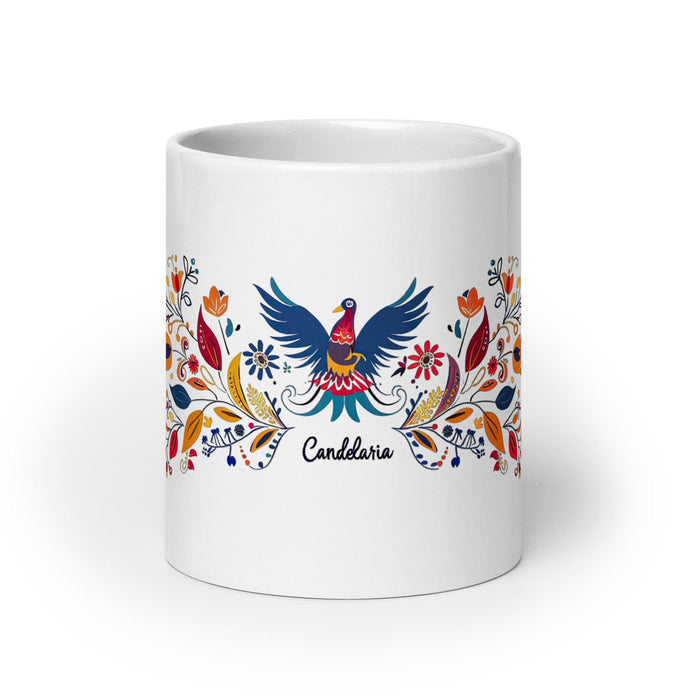 Candelaria Exclusive Name Art Piece Home Office Work Coffee Mug Mexican Spanish Pride Gift Cup One-Of-A-Kind Calligraphy White Glossy Mug | C9 Mexicada