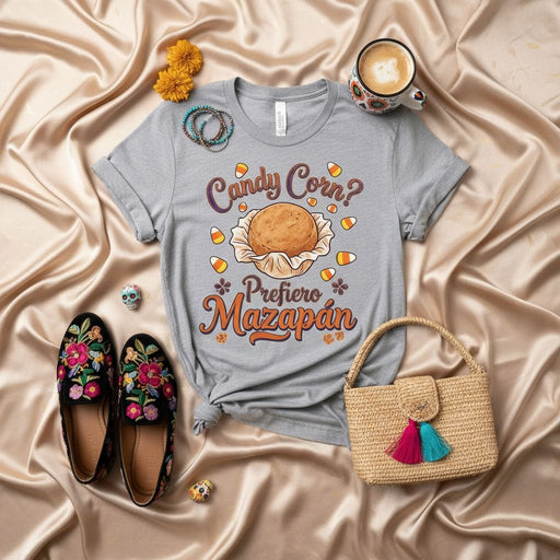 Candy Corn? Prefiero Mazapán T-Shirt Funny Spanish English Halloween Tee Dia de Muertos Mexican Candy Marzipan Graphic Shirt Unisex Fall Apparel Mexicada