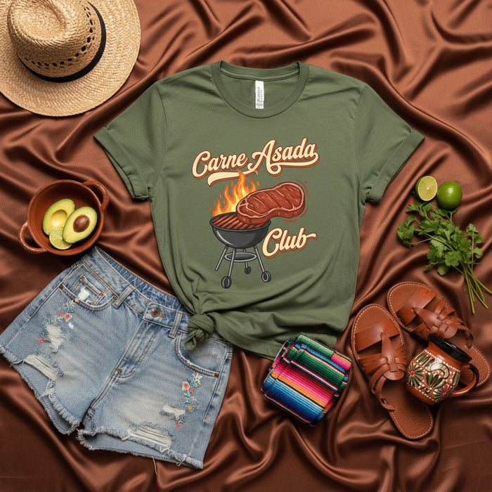 Carne Asada Club T-Shirt, Funny Mexican Grill Master Tee, BBQ Lover Shirt, Cinco de Mayo Outfit, Summer Cookout Party Gift for Men and Women, Unisex Graphic Top with Steak and Grill Design Mexicada