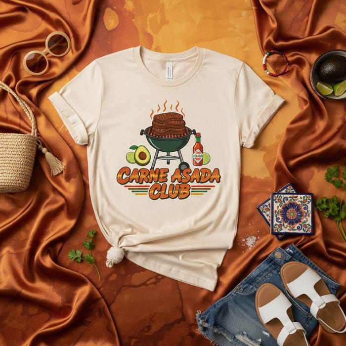 Carne Asada Club T-Shirt Unisex Grill Master BBQ Party Tee with Avocado and Hot Sauce Graphic, Casual Short-Sleeve Summer Cookout Gift Shirt Mexicada