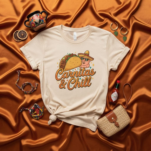 Carnitas & Chill T-Shirt with Cartoon Pig in Sombrero and Sunglasses Eating a Taco, Funny Mexican Food Tee for Men and Women, Casual Graphic Shirt for Taco Lover Mexicada