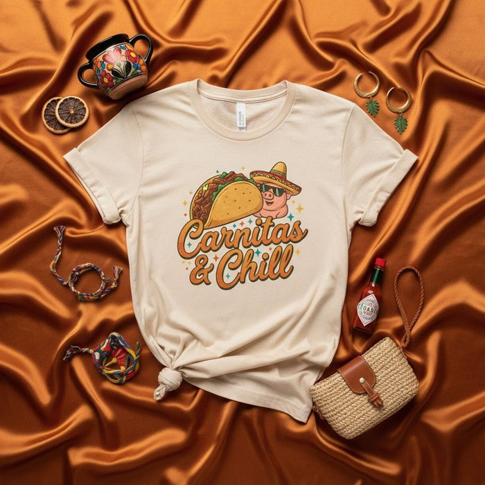 Carnitas & Chill T-Shirt with Cartoon Pig in Sombrero and Sunglasses Eating a Taco, Funny Mexican Food Tee for Men and Women, Casual Graphic Shirt for Taco Lover Mexicada