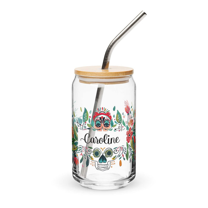 Caroline Exclusive Name Art Piece Can-Shaped Glass Home Office Work Mexican Spanish Pride Gift Cup One-Of-A-Kind Calligraphy Glass | C1 Mexicada 16 oz With Lid & Straw