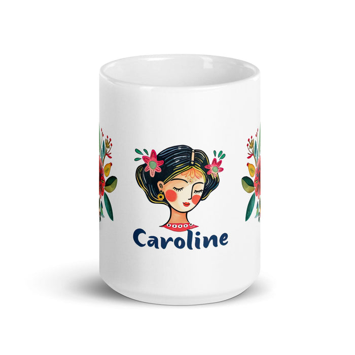 Caroline Exclusive Name Art Piece Home Office Work Coffee Mug Mexican Spanish Pride Gift Cup One-Of-A-Kind Calligraphy White Glossy Mug | C14 Mexicada